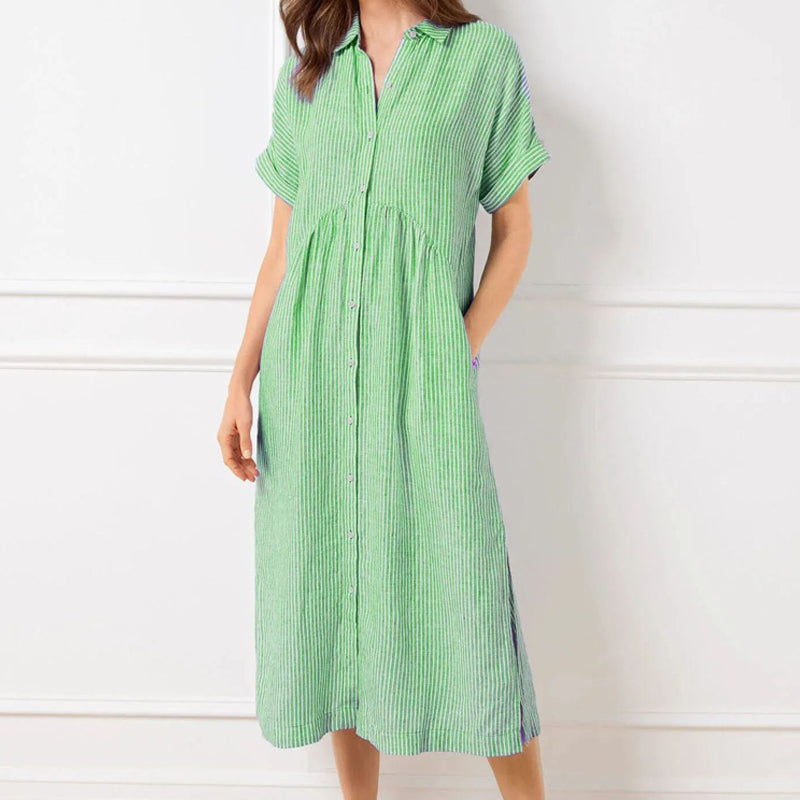 💎 50% OFF! 💎 Striped Lapel Button-Down Shirt Dress – Functional Pockets, Loose Fit & Timeless Elegance 🌟👗