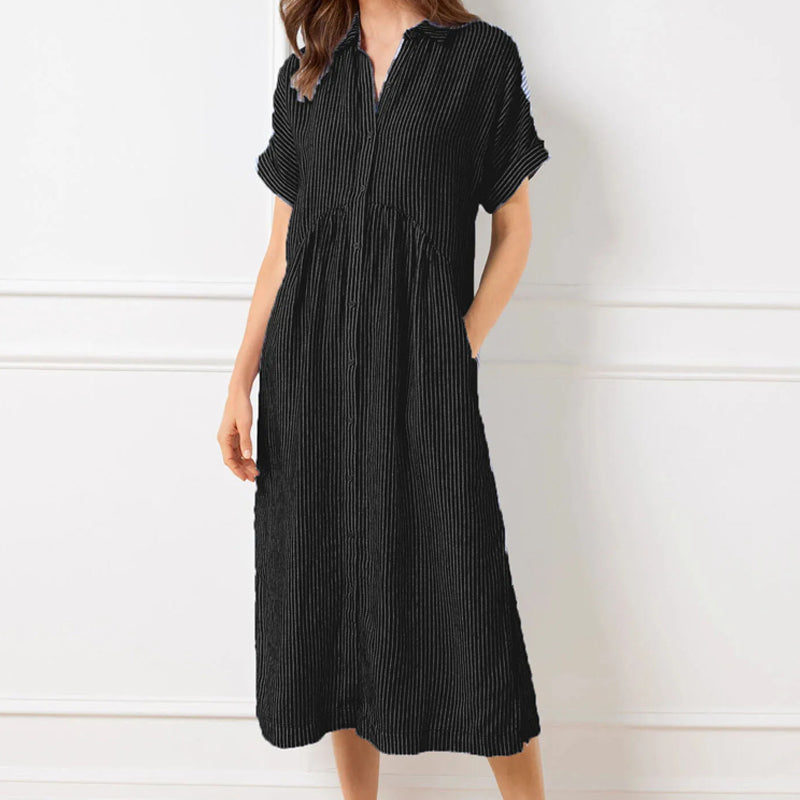 💎 50% OFF! 💎 Striped Lapel Button-Down Shirt Dress – Functional Pockets, Loose Fit & Timeless Elegance 🌟👗