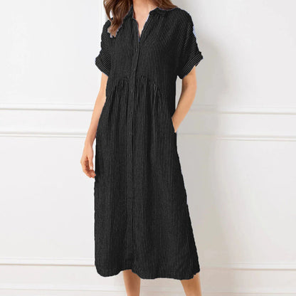 💎 50% OFF! 💎 Striped Lapel Button-Down Shirt Dress – Functional Pockets, Loose Fit & Timeless Elegance 🌟👗