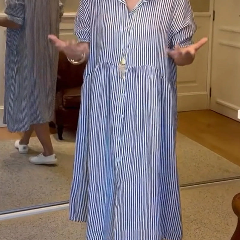 💎 50% OFF! 💎 Striped Lapel Button-Down Shirt Dress – Functional Pockets, Loose Fit & Timeless Elegance 🌟👗
