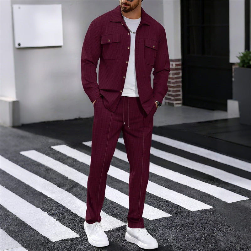🔥 Men's Waffle Button-Up Jacket & Trousers Set – Breathable Waffle Knit, Relaxed Fit & Effortless Casual Style 👕👖