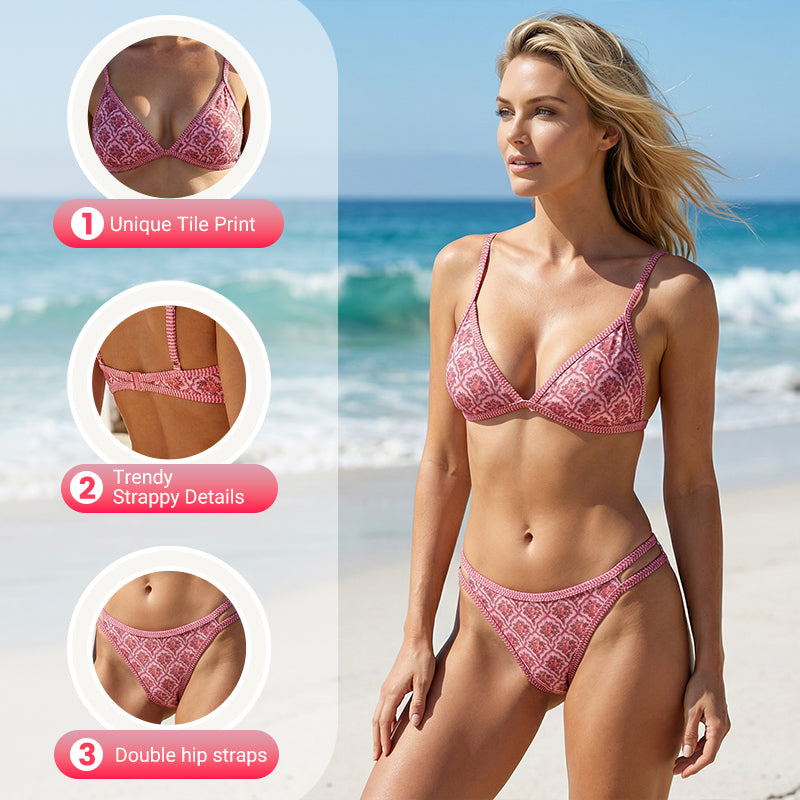 📢📢50%  OFF !! ⏰ Pink Vintage Tile Print Bikini Set—This season's beach fashion, showcasing unique charm! ✨