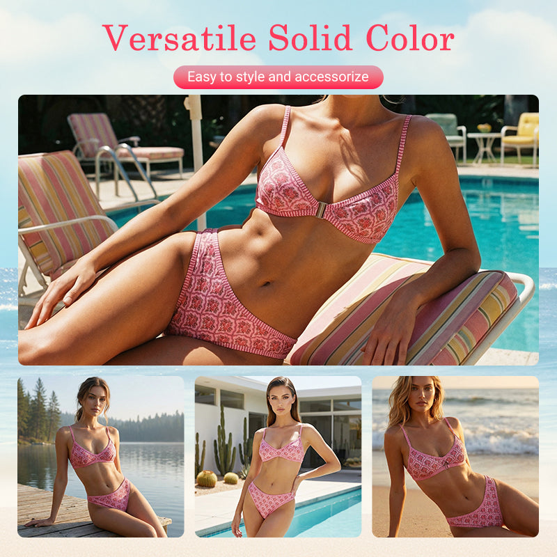 📢📢50%  OFF !! ⏰ Pink Vintage Tile Print Bikini Set—This season's beach fashion, showcasing unique charm! ✨