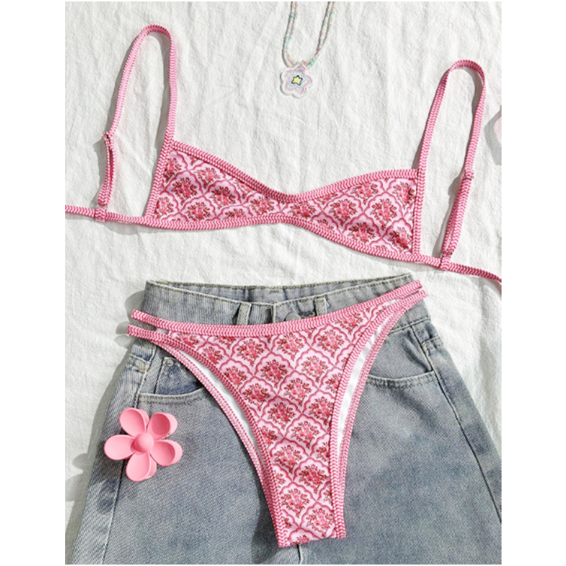 📢📢50%  OFF !! ⏰ Pink Vintage Tile Print Bikini Set—This season's beach fashion, showcasing unique charm! ✨