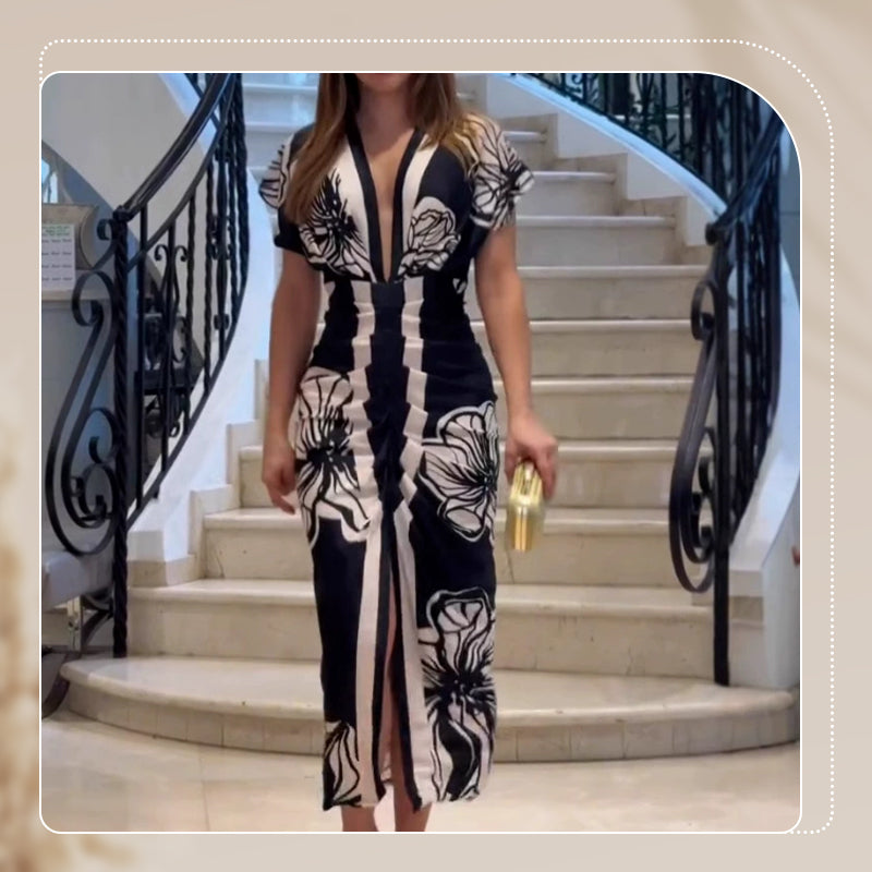 Deep V Neck Printed Bodycon Maxi Dress