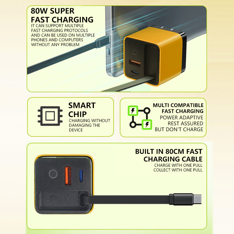 ⚡ 65W Fast Charger with Built-In Retractable USB-C Cable