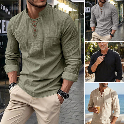 🧥Men's Casual Lace-Up Shirt – Smart in seconds! No-tie modern collar, soft breathable cotton. Effortless style for coffee dates or Sunday roasts. ☕👴