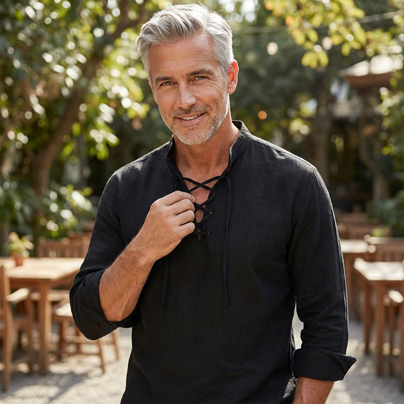 🧥Men's Casual Lace-Up Shirt – Smart in seconds! No-tie modern collar, soft breathable cotton. Effortless style for coffee dates or Sunday roasts. ☕👴