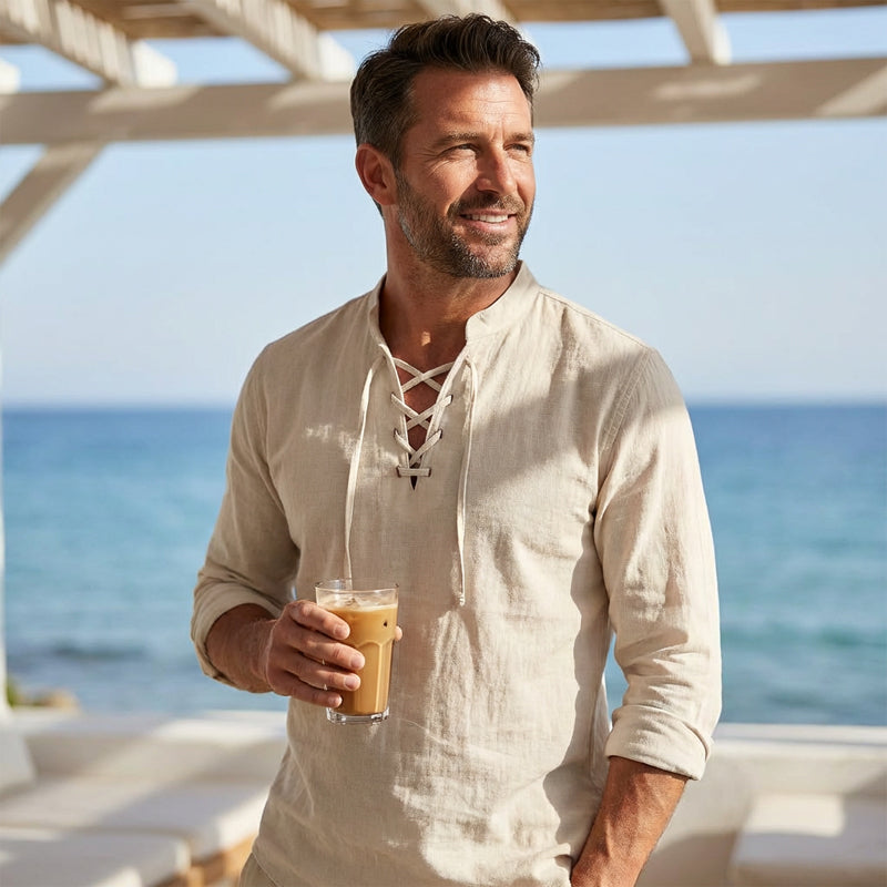 🧥Men's Casual Lace-Up Shirt – Smart in seconds! No-tie modern collar, soft breathable cotton. Effortless style for coffee dates or Sunday roasts. ☕👴