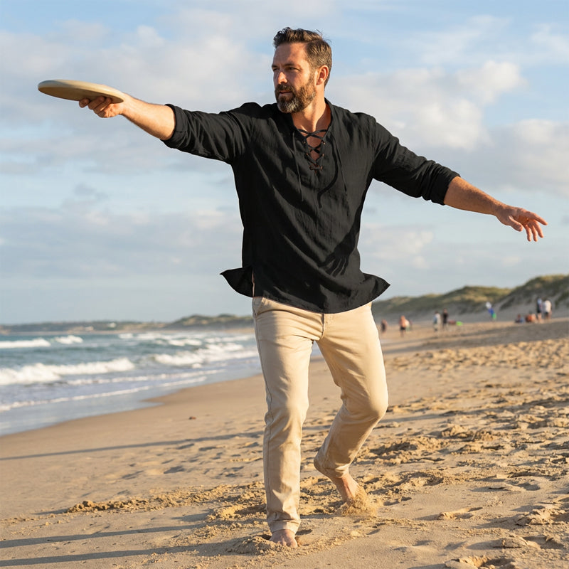 🧥Men's Casual Lace-Up Shirt – Smart in seconds! No-tie modern collar, soft breathable cotton. Effortless style for coffee dates or Sunday roasts. ☕👴