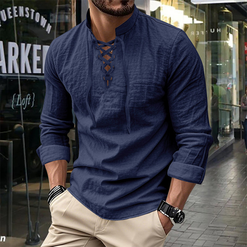 🧥Men's Casual Lace-Up Shirt – Smart in seconds! No-tie modern collar, soft breathable cotton. Effortless style for coffee dates or Sunday roasts. ☕👴