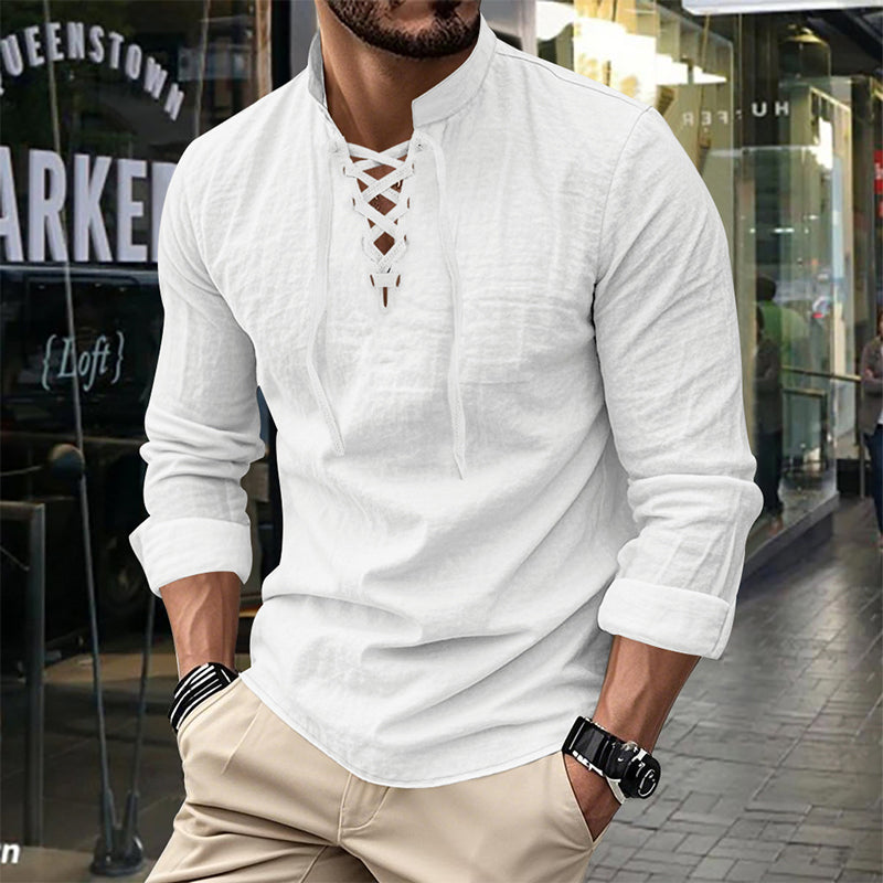 🧥Men's Casual Lace-Up Shirt – Smart in seconds! No-tie modern collar, soft breathable cotton. Effortless style for coffee dates or Sunday roasts. ☕👴