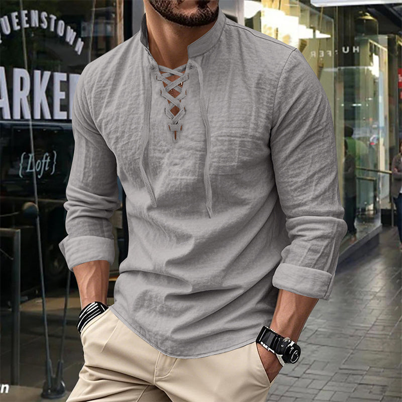 🧥Men's Casual Lace-Up Shirt – Smart in seconds! No-tie modern collar, soft breathable cotton. Effortless style for coffee dates or Sunday roasts. ☕👴