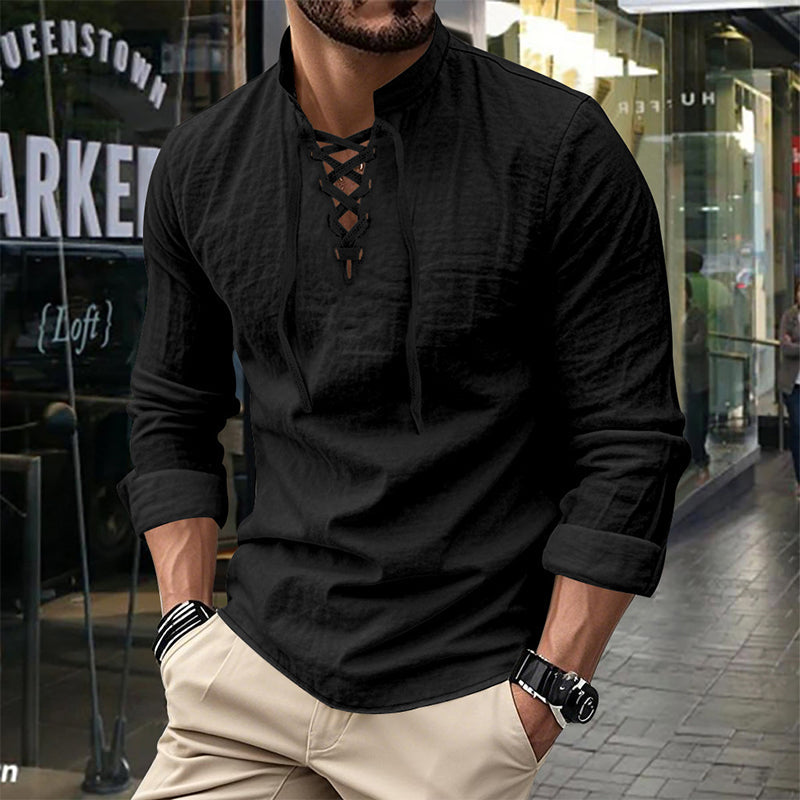 🧥Men's Casual Lace-Up Shirt – Smart in seconds! No-tie modern collar, soft breathable cotton. Effortless style for coffee dates or Sunday roasts. ☕👴