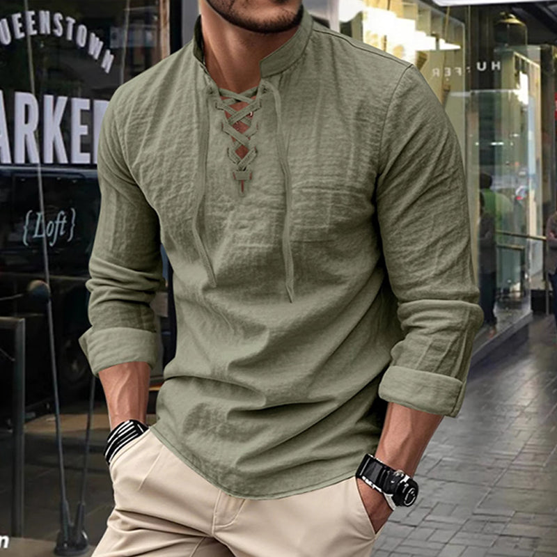 🧥Men's Casual Lace-Up Shirt – Smart in seconds! No-tie modern collar, soft breathable cotton. Effortless style for coffee dates or Sunday roasts. ☕👴
