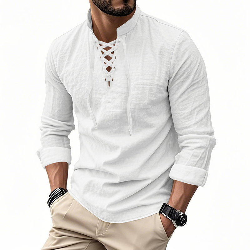 🧥Men's Casual Lace-Up Shirt – Smart in seconds! No-tie modern collar, soft breathable cotton. Effortless style for coffee dates or Sunday roasts. ☕👴
