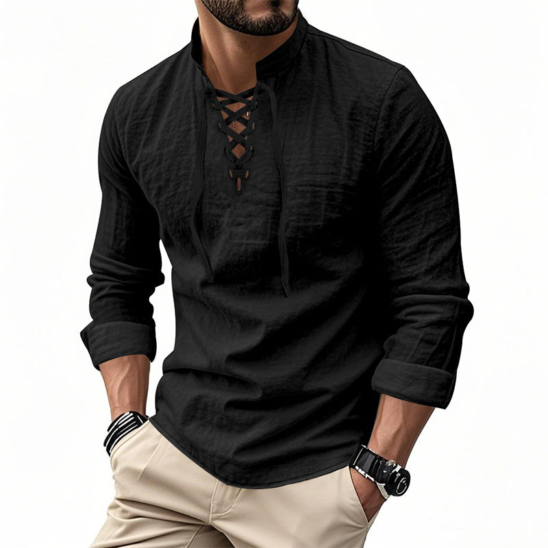 🧥Men's Casual Lace-Up Shirt – Smart in seconds! No-tie modern collar, soft breathable cotton. Effortless style for coffee dates or Sunday roasts. ☕👴