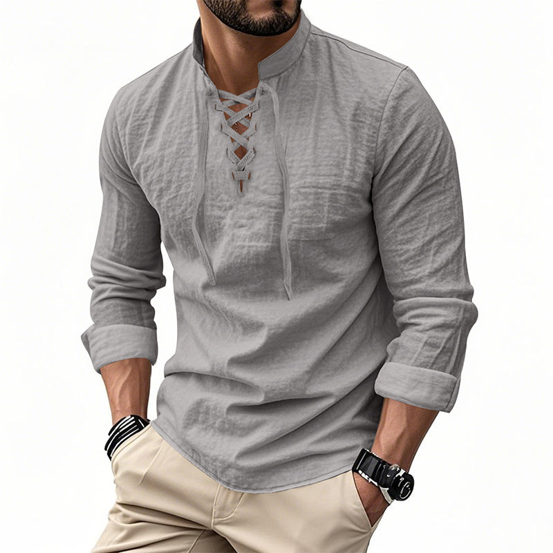 🧥Men's Casual Lace-Up Shirt – Smart in seconds! No-tie modern collar, soft breathable cotton. Effortless style for coffee dates or Sunday roasts. ☕👴