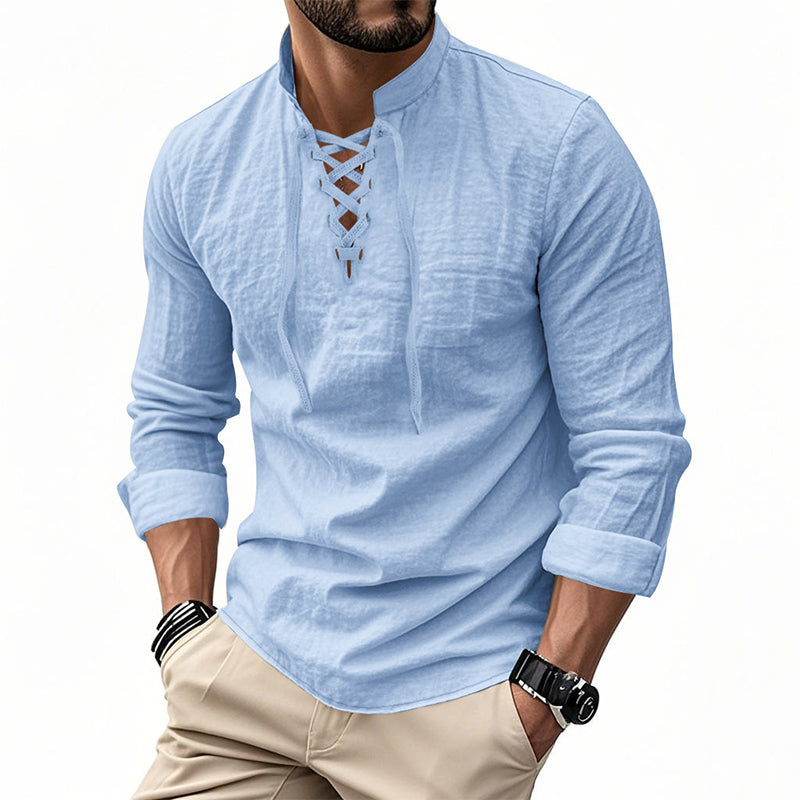 🧥Men's Casual Lace-Up Shirt – Smart in seconds! No-tie modern collar, soft breathable cotton. Effortless style for coffee dates or Sunday roasts. ☕👴