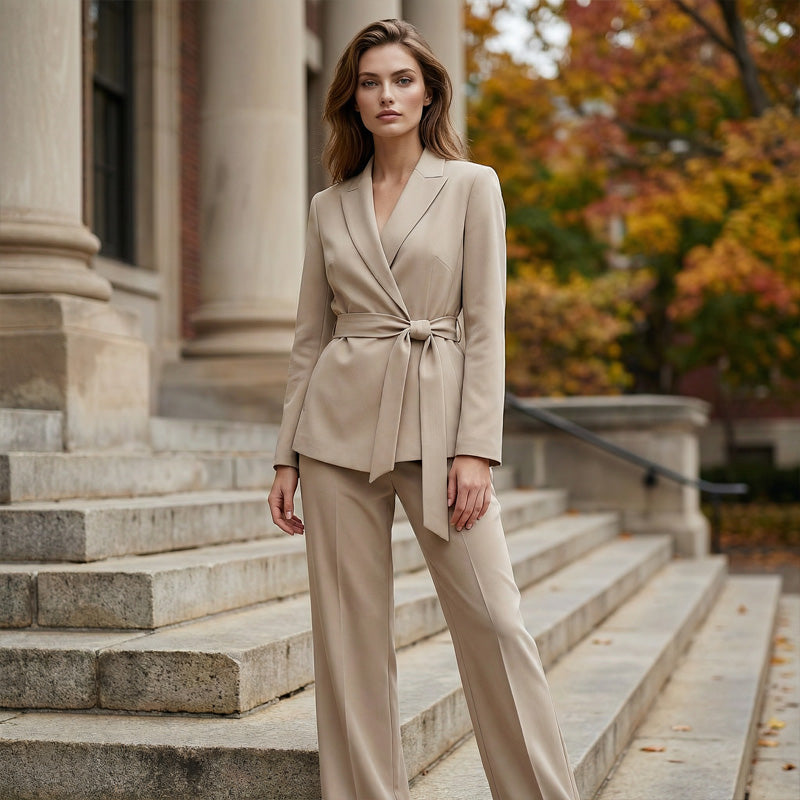 Elegant suit set for women with tie belt and wide-leg pants
