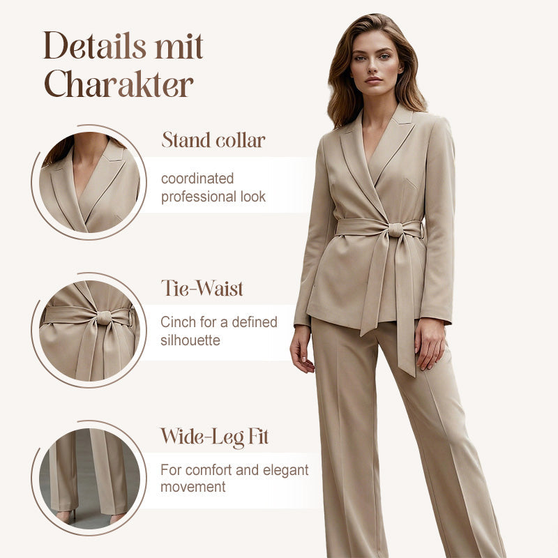 Elegant suit set for women with tie belt and wide-leg pants