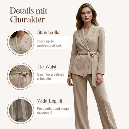 Elegant suit set for women with tie belt and wide-leg pants