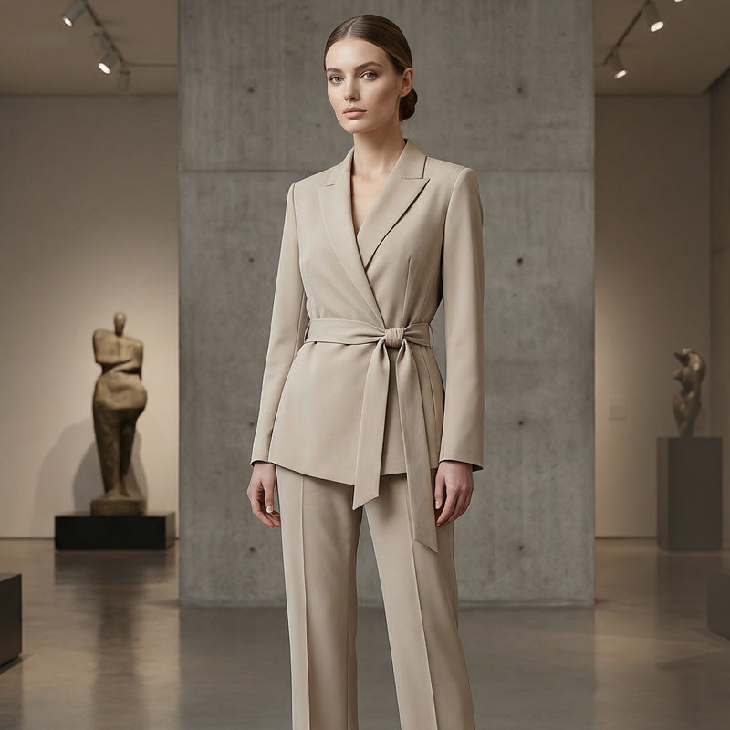 Elegant suit set for women with tie belt and wide-leg pants