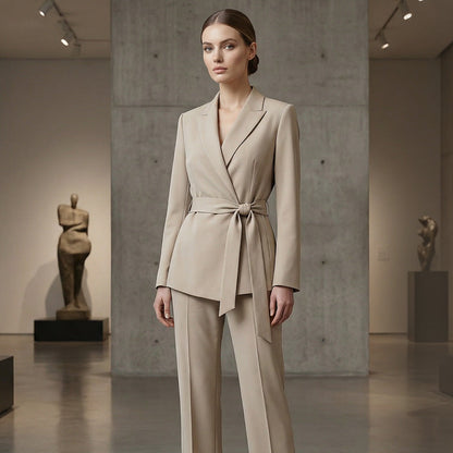 Elegant suit set for women with tie belt and wide-leg pants
