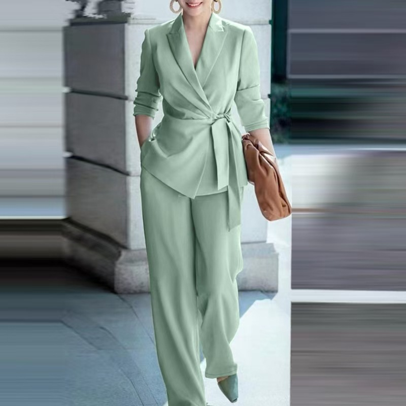 Elegant suit set for women with tie belt and wide-leg pants