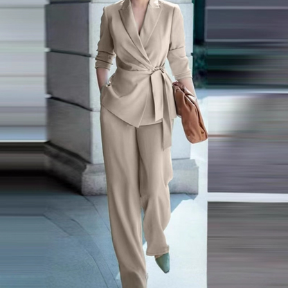 Elegant suit set for women with tie belt and wide-leg pants