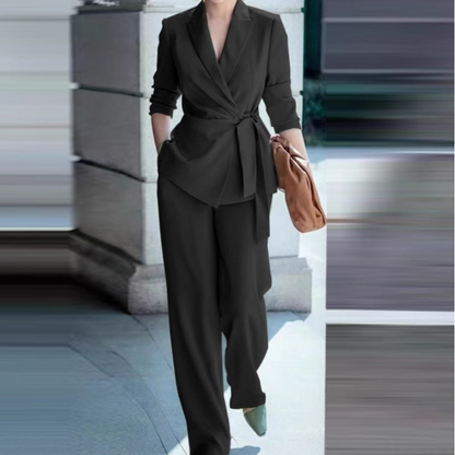 Elegant suit set for women with tie belt and wide-leg pants