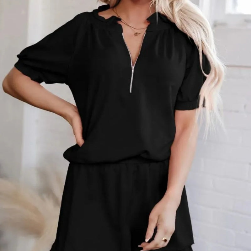 🌞Spring awakening: 50% off!✨Stylish 2-piece women's set – zipper tee & ruffled hem shorts for every day