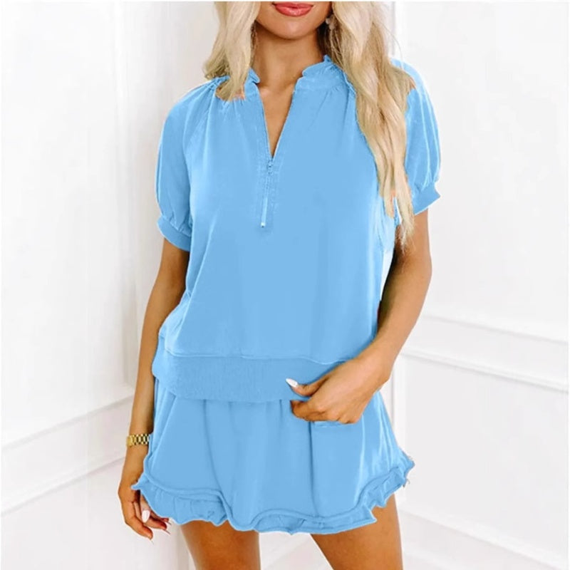 🌞Spring awakening: 50% off!✨Stylish 2-piece women's set – zipper tee & ruffled hem shorts for every day
