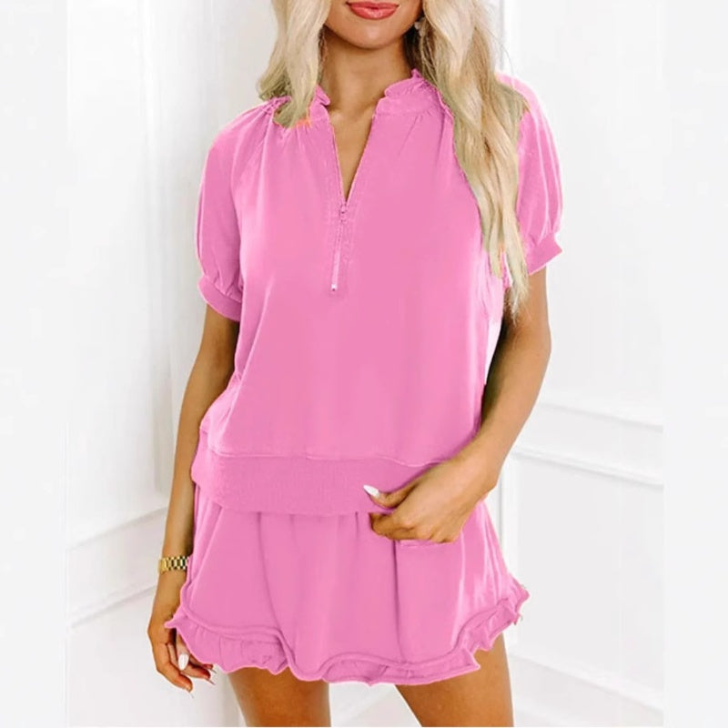 🌞Spring awakening: 50% off!✨Stylish 2-piece women's set – zipper tee & ruffled hem shorts for every day