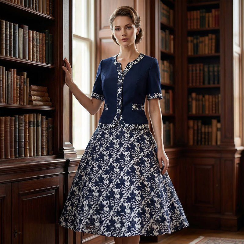 ⏳Time-Limited Special⏰Elegant Floral Print A-Line Dress – Faux Two-Piece Look, Navy & White, Wrinkle-Resistant (S–5XL) 👗💙
