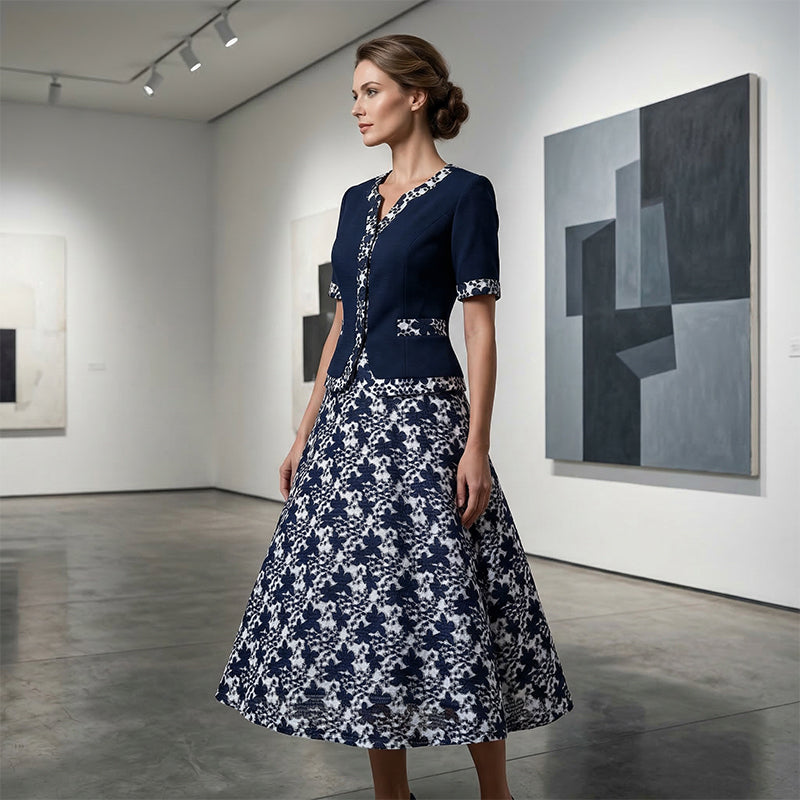 ⏳Time-Limited Special⏰Elegant Floral Print A-Line Dress – Faux Two-Piece Look, Navy & White, Wrinkle-Resistant (S–5XL) 👗💙