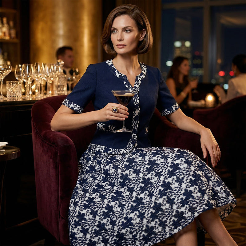 ⏳Time-Limited Special⏰Elegant Floral Print A-Line Dress – Faux Two-Piece Look, Navy & White, Wrinkle-Resistant (S–5XL) 👗💙