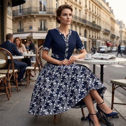⏳Time-Limited Special⏰Elegant Floral Print A-Line Dress – Faux Two-Piece Look, Navy & White, Wrinkle-Resistant (S–5XL) 👗💙