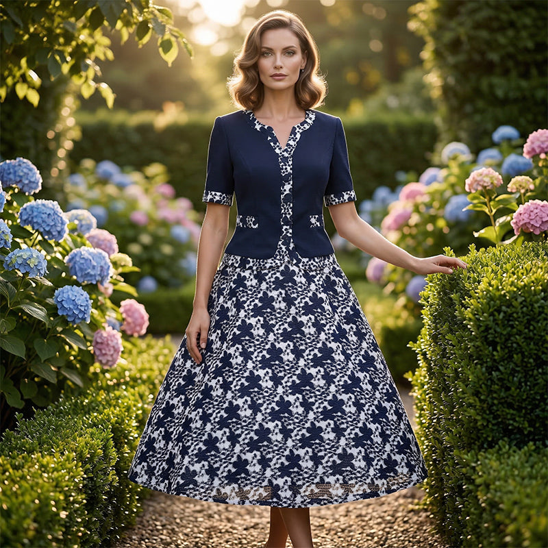 ⏳Time-Limited Special⏰Elegant Floral Print A-Line Dress – Faux Two-Piece Look, Navy & White, Wrinkle-Resistant (S–5XL) 👗💙
