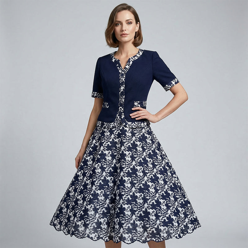 ⏳Time-Limited Special⏰Elegant Floral Print A-Line Dress – Faux Two-Piece Look, Navy & White, Wrinkle-Resistant (S–5XL) 👗💙