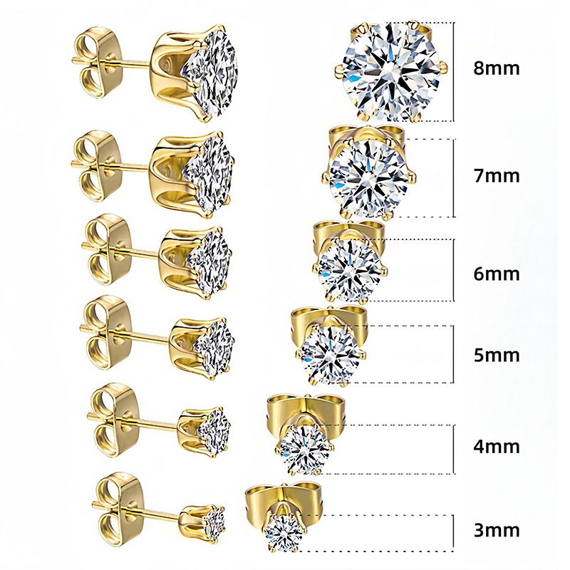 Classic 6-Prong Stainless Steel Earrings with Butterfly Backs