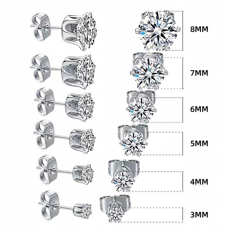 Classic 6-Prong Stainless Steel Earrings with Butterfly Backs