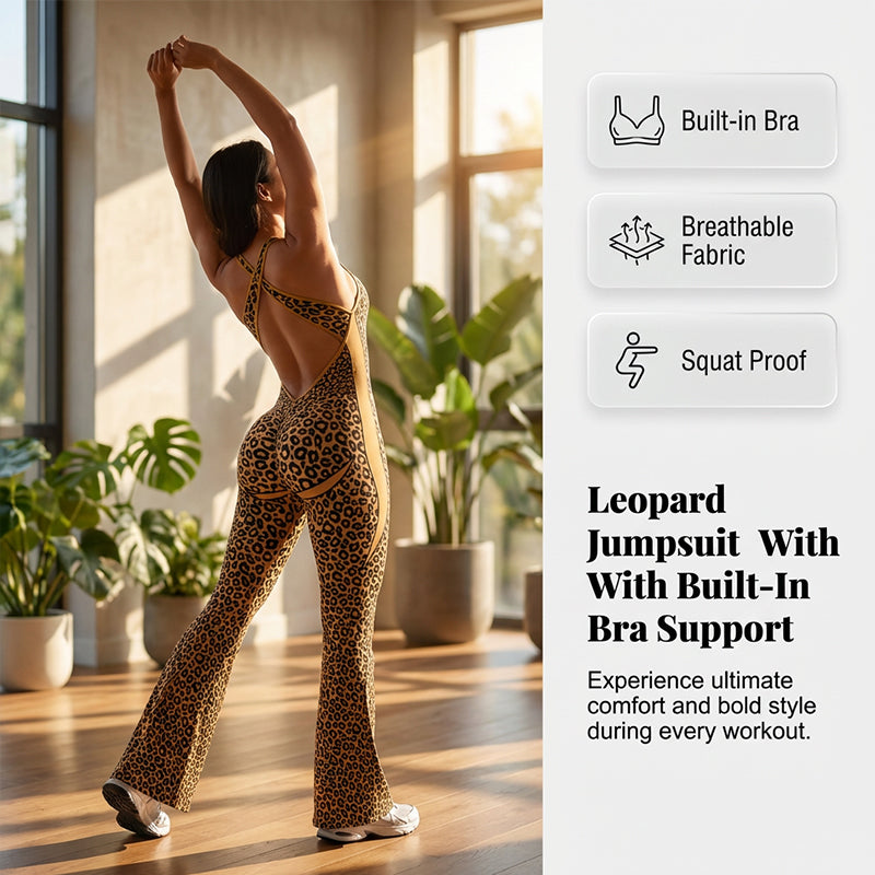 Women's Cheetah Print Workout Jumpsuit with Built-in Bra