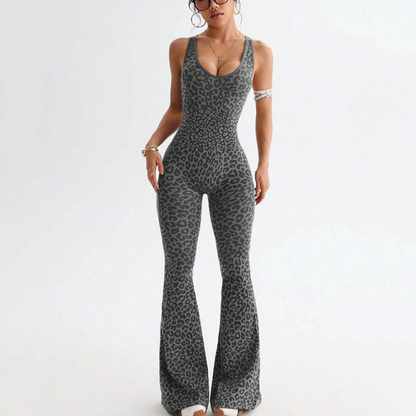 Women's Cheetah Print Workout Jumpsuit with Built-in Bra