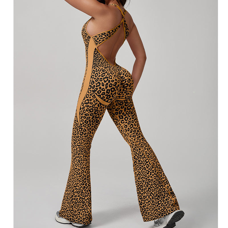 Women's Cheetah Print Workout Jumpsuit with Built-in Bra
