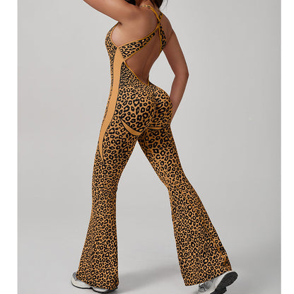Women's Cheetah Print Workout Jumpsuit with Built-in Bra