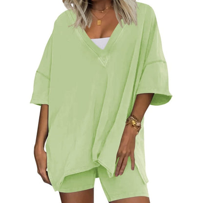 Women's Casual V-Neck Side-Slit Top and Shorts Set