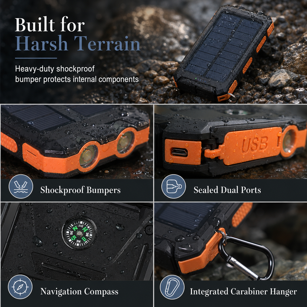 🔋 Rugged Solar-Assisted Outdoor Power Bank with Compass
