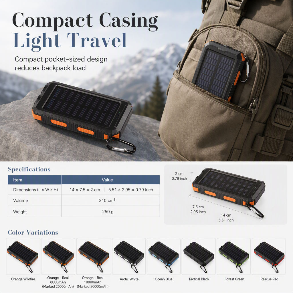 🔋 Rugged Solar-Assisted Outdoor Power Bank with Compass