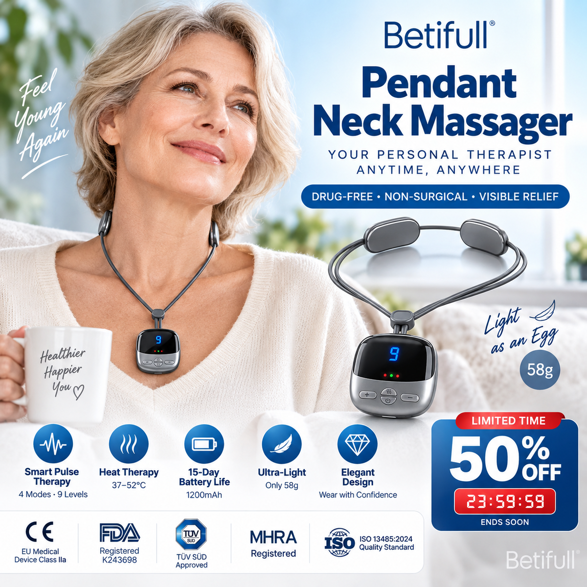 💆 Wearable Pendant Neck Massager with Heat & Adjustable Intensity